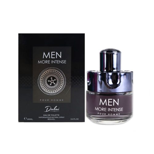 Eau de Toilette "Men More Intense" de Dubai Essences, con un frasco negro de detalles plateados junto a su elegante caja negra.