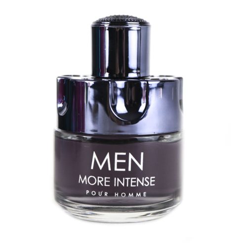 Primer plano del frasco de perfume "Men More Intense", un envase de vidrio oscuro con una tapa negra brillante.