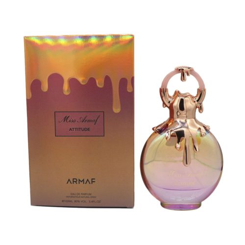 Perfume Miss Armaf Attitude Eau de Parfum de Armaf, 100 ml, con caja dorada degradada y botella elegante.