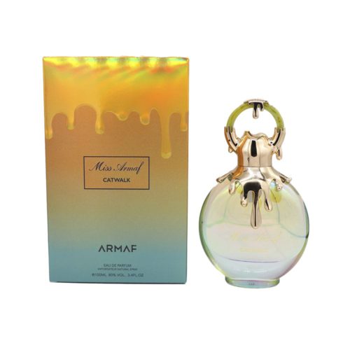 Perfume Miss Armaf Catwalk Eau de Parfum de Armaf, 100 ml, con caja en degradado dorado y aqua y botella elegante.