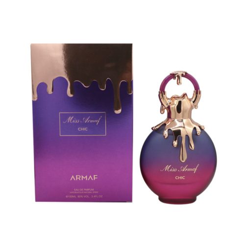 Parte frontal de la caja del perfume Miss Armaf Chic EDP con el frasco, diseño degradado rosa-morado y tapa dorada con diseño de goteo.