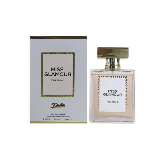 Botella y empaque del perfume Miss Glamour de Dubai Essences, Eau de Parfum de 100 ml para mujer.