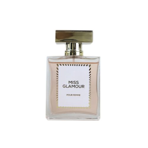 Botella del perfume Miss Glamour con tapa dorada y líquido rosado suave, diseño elegante para mujer.
