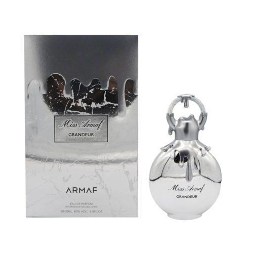 Parte trasera de la caja del perfume Miss Armaf Grandeur con ingredientes y detalles del producto.