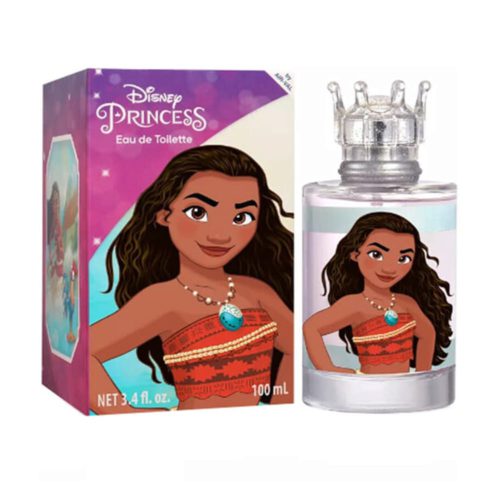 Eau de Toilette Disney Princess Moana para niñas, frasco de 100 ml con ilustración de Moana y tapa en forma de corona.