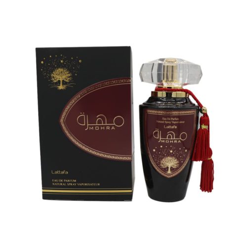 Mohra Eau de Parfum de Lattafa, 100 ml, presentado con caja y frasco en un diseño lujoso en negro y rojo.