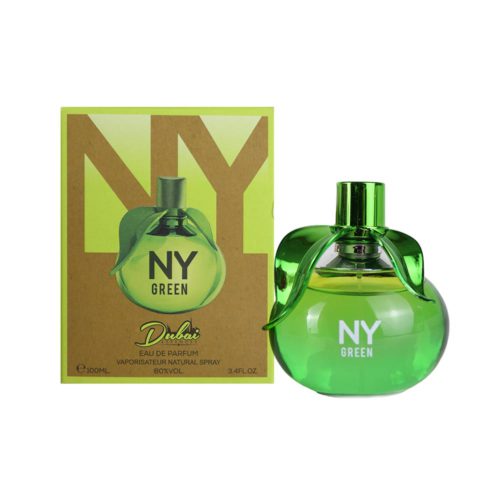 Botella de perfume NY Green con un diseño en forma de manzana verde, junto a su caja marrón y verde.