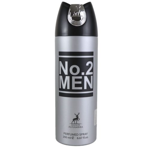 Spray perfumado No.2 Men de Maison Alhambra, envase plateado con tapa negra y letras destacadas.