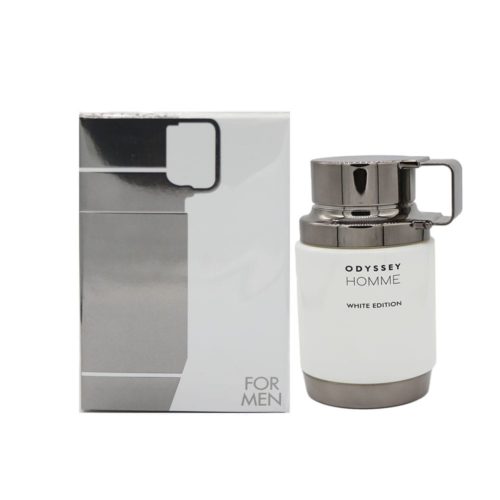 Imagen frontal de la caja y el frasco del perfume Odyssey Homme White Edition juntos, con diseño moderno y futurista.