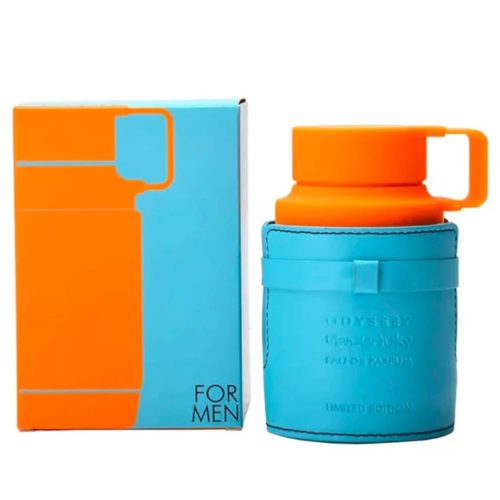 Perfume Odyssey Mandarin Sky Eau de Parfum 100 ml para hombre de Armaf, con frasco azul brillante y tapa naranja junto a su caja.