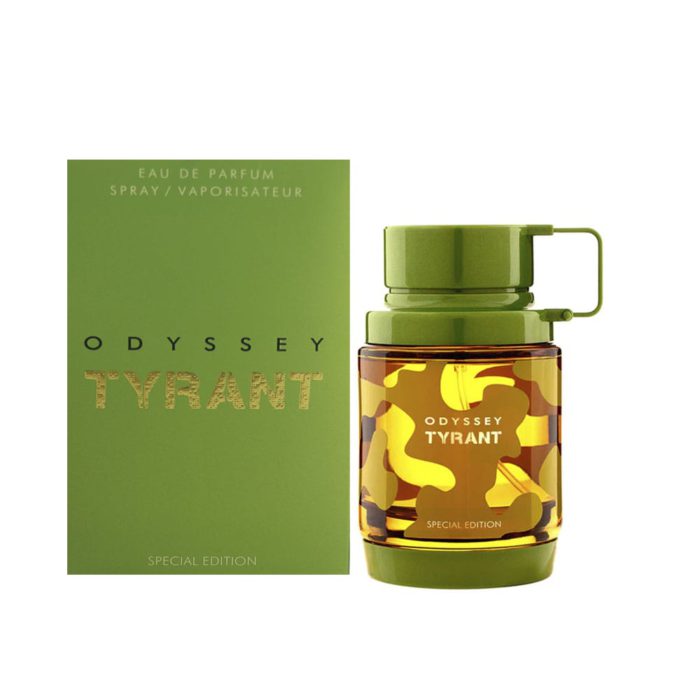 Perfume Odyssey Tyrant Eau de Parfum Special Edition de Armaf, con la caja verde y la botella de diseño camuflaje a juego.