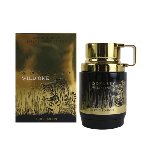 Botella del perfume Armaf Odyssey Wild One Gold Edition junto a su caja dorada con una ilustración de un tigre.