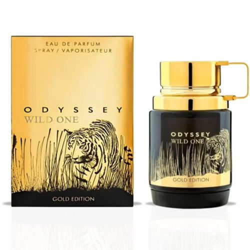 Perfume Odyssey Wild One Gold Edition Eau de Parfum 60 ml para hombre de Armaf, con frasco negro y dorado con diseño de tigre y caja a juego.