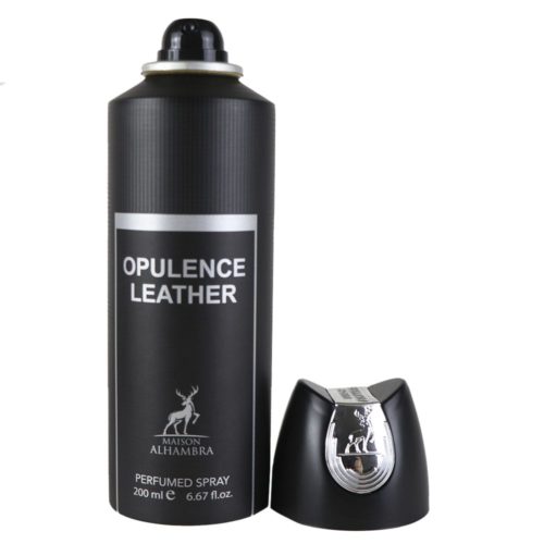 Envase abierto del spray perfumado Opulence Leather (200 ml) de Maison Alhambra con tapa al lado.