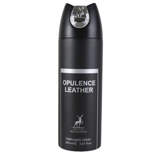 Vista frontal del spray perfumado Opulence Leather (200 ml) de Maison Alhambra con detalles plateados sobre envase negro.