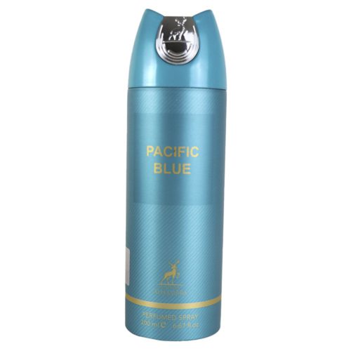 Vista frontal del spray perfumado Pacific Blue de Maison Alhambra, con una elegante lata azul y texto dorado.