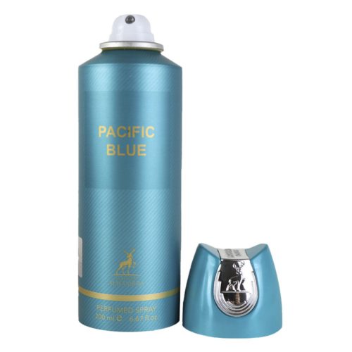 Lata del spray perfumado Pacific Blue con la tapa retirada, mostrando el atomizador y el diseño elegante del envase.