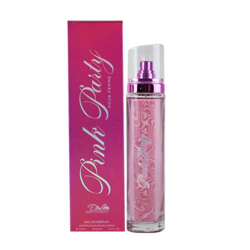 Botella de perfume Pink Party Eau de Parfum para mujer, junto a su empaque en tonos rosa y púrpura con una tipografía elegante.