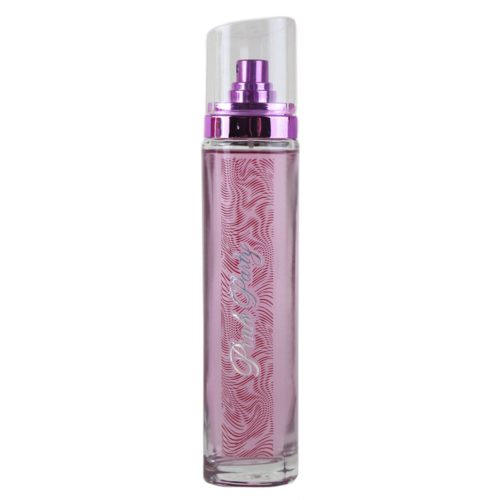 Primer plano de la botella del perfume Pink Party, con un diseño elegante, líquido rosado y detalles plateados.