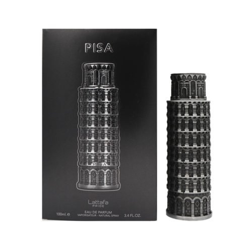 Imagen del perfume Pisa Eau de Parfum 100 ml de Lattafa, mostrando el frasco en forma de torre junto a su caja negra elegante.