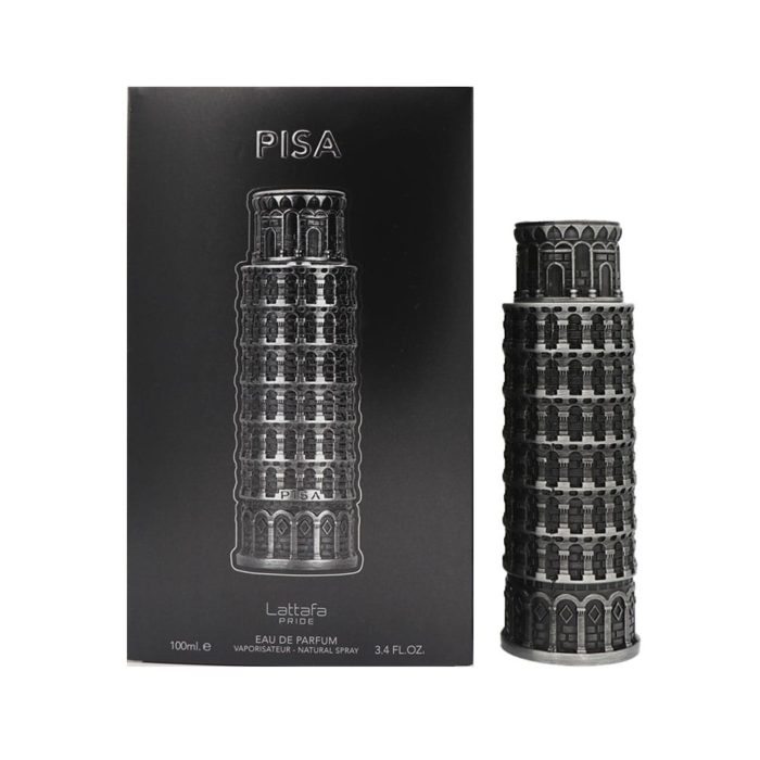 Imagen del perfume Pisa Eau de Parfum 100 ml de Lattafa, mostrando el frasco en forma de torre junto a su caja negra elegante.