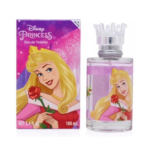 Perfume Disney Princess Aurora con imagen de Aurora sosteniendo una rosa roja en la caja y el frasco, que incluye tapa transparente en forma de corona.