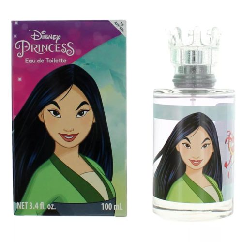 Perfume Disney Princess Mulan Eau de Toilette 100 ml para niñas, con ilustración de Mulan en el empaque y la botella, decorada con tapa transparente en forma de corona.