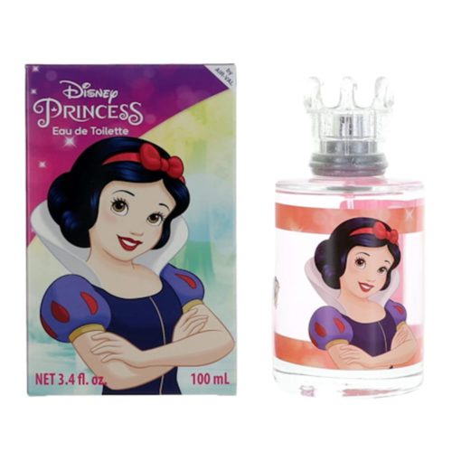 Perfume Disney Princess Blancanieves Eau de Toilette 100 ml para niñas, con ilustración de Blancanieves en la caja y la botella, adornada con tapa en forma de corona.