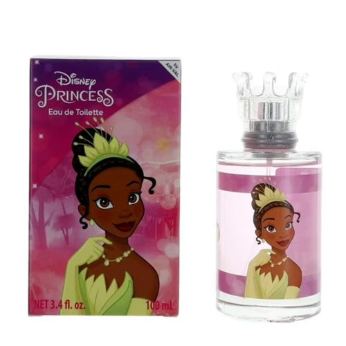 Perfume Disney Princess Tiana Eau de Toilette 100 ml para niñas, con ilustración de Tiana en la caja y la botella, decorada con tapa transparente en forma de corona.