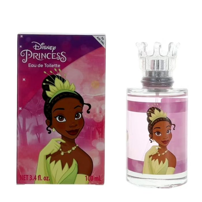Perfume Disney Princess Tiana Eau de Toilette 100 ml para niñas, con ilustración de Tiana en la caja y la botella, decorada con tapa transparente en forma de corona.