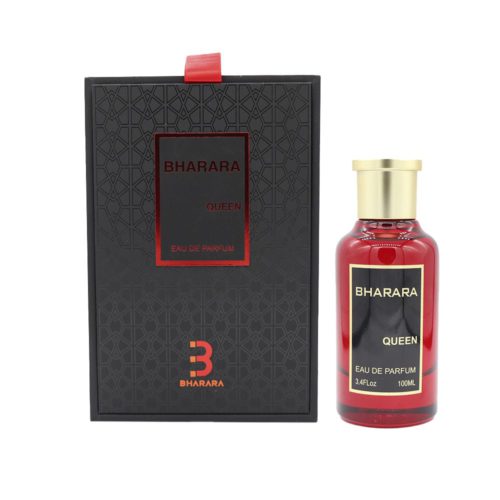 Frasco de Bharara Queen Eau de Parfum junto a su elegante caja negra y roja.