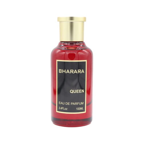Primer plano del frasco de Bharara Queen Eau de Parfum en rojo brillante con tapa dorada.