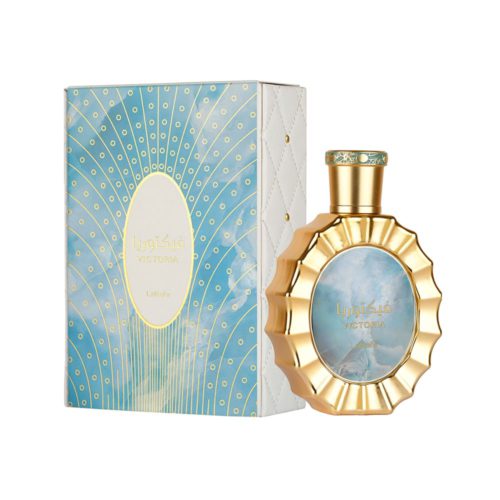 Set de perfume Lattafa Victoria, que incluye la botella con borde dorado y la caja de temática azul