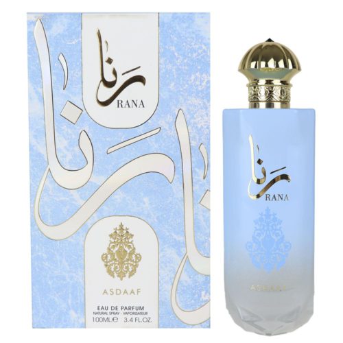 Asdaaf Rana Eau de Parfum 100ml para Mujer. El frasco presenta un diseño degradado en azul con caligrafía árabe dorada y un tapón dorado en forma de cúpula.
