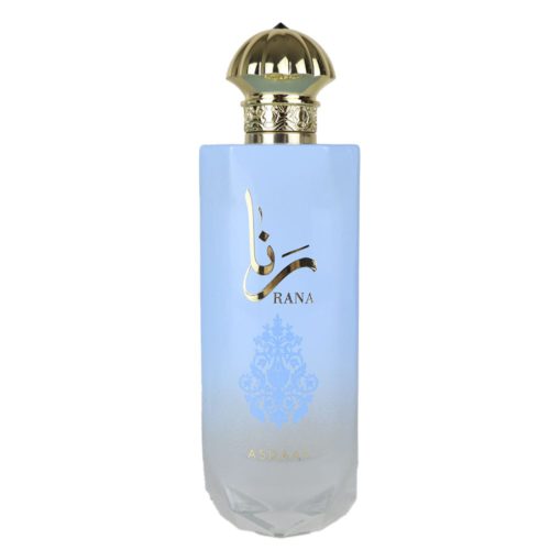 Frasco del perfume Asdaaf Rana en solitario, mostrando su elegante diseño degradado en azul y dorado con caligrafía árabe y un tapón dorado.