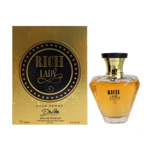 Perfume Rich Lady Eau de Parfum 100 ml con su caja dorada de Dubai Essences, empaque elegante y lujoso para mujer.