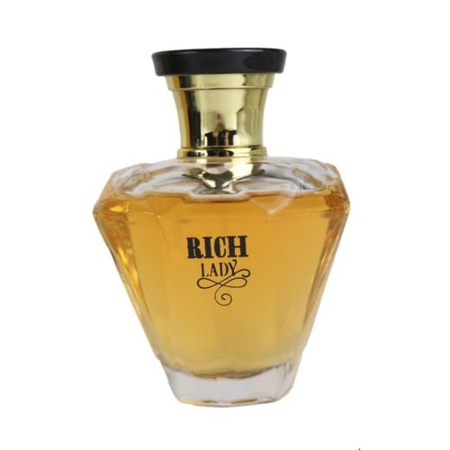 Botella de perfume Rich Lady con diseño facetado tipo cristal, cuello dorado y tapa negra.