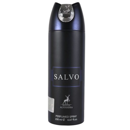 Vista frontal del spray perfumado Salvo de 200 ml de Maison Alhambra con la tapa puesta, diseño elegante en negro y azul marino.
