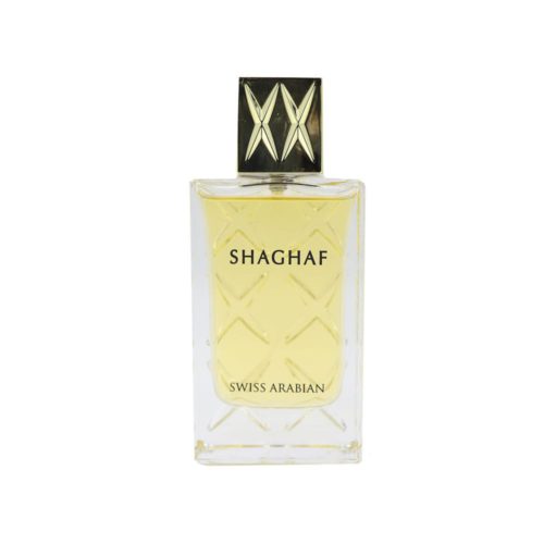 Botella de Shaghaf For Women Eau de Parfum de Swiss Arabian, con fragancia amarillo dorado en frasco transparente con tapa dorada.