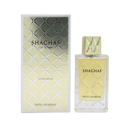 Perfume Shaghaf For Women de Swiss Arabian con caja y frasco juntos, mostrando empaque elegante en tonos dorados.