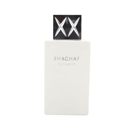 Botella del perfume Shaghaf Oud Abyad de Swiss Arabian en color blanco mate con tapa plateada y diseño minimalista.