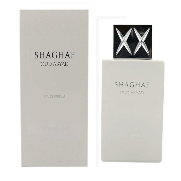 Frasco y caja del perfume Shaghaf Oud Abyad con diseño blanco minimalista, letras plateadas en relieve y tapa con patrón de X en tono metálico.