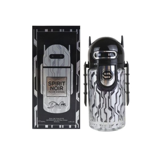 Frasco del perfume Spirit Noir Pour Homme de Dubai Essences junto a su caja, mostrando un frasco futurista inspirado en un robot con detalles metálicos.