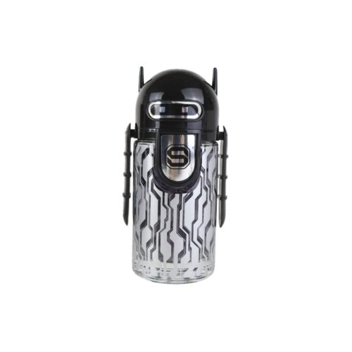 Primer plano del frasco del perfume Spirit Noir Pour Homme con forma de robot y líneas futuristas en negro y plateado.