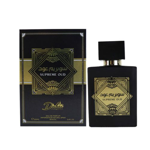 Supreme Oud de Dubai Essences, fragancia unisex. Caja y botella en negro y dorado.