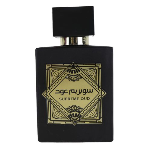 Botella de Supreme Oud de Dubai Essences con diseño elegante en negro y dorado.