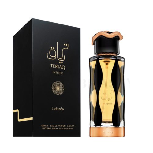 Teriaq Intense de Lattafa Eau de Parfum, con caja negra y dorada en escritura árabe y frasco elegante con detalles en cobre.