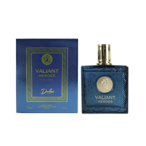 Frasco del perfume Valiant Heroes junto a su caja de empaque azul y dorada.