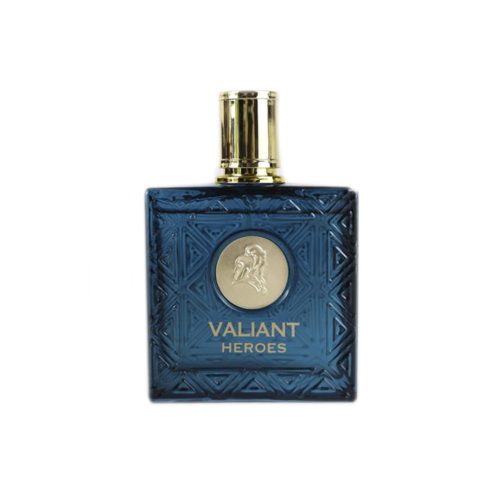 Primer plano del frasco del perfume Valiant Heroes Eau de Parfum para hombre con detalles dorados.
