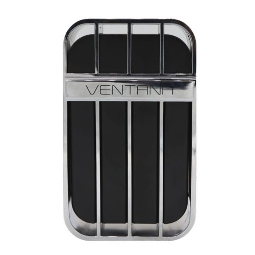 Parte frontal de la caja y frasco del perfume Ventana EDP de Armaf, con diseño moderno en negro y plateado de líneas verticales.